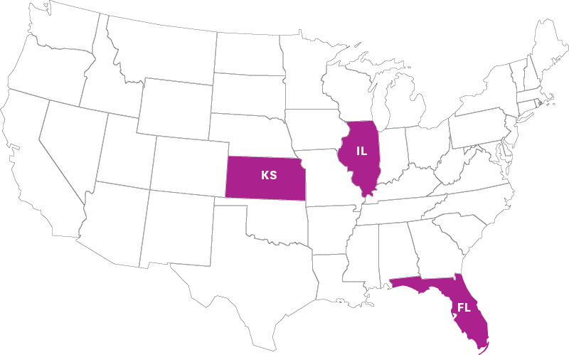 map of Ambetter states: WA, NV, NM, KS, TX, MO, AR, MS, GA, FL, SC, IL, IN, OH, PA